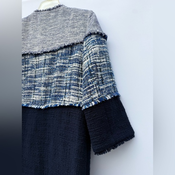 CHICO'S Tweed Longline Frayed Jacket Navy Blue Colorblock Size 0 (US 4/6 Small) - Picture 14 of 16